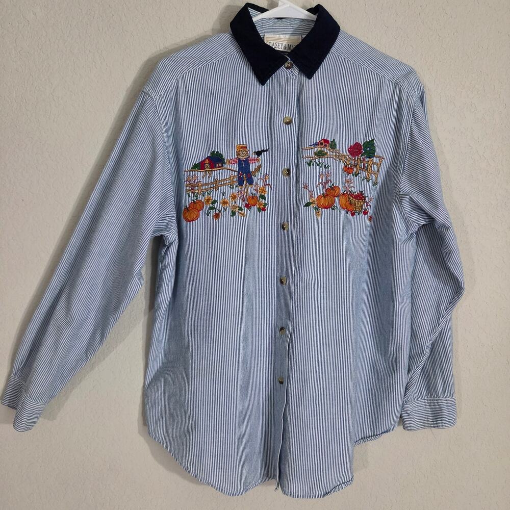 Fall Shirt Casey & Max Womens L Autumn Blue Stripe Pumpkin Scarecrow Vintage 90s